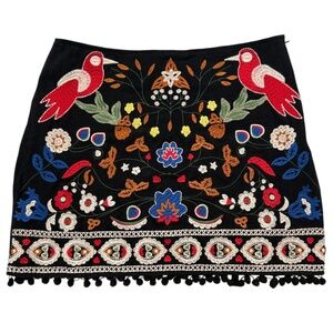 Umgee Colorful Embroidered Black Pom Pom Skirt Sz M